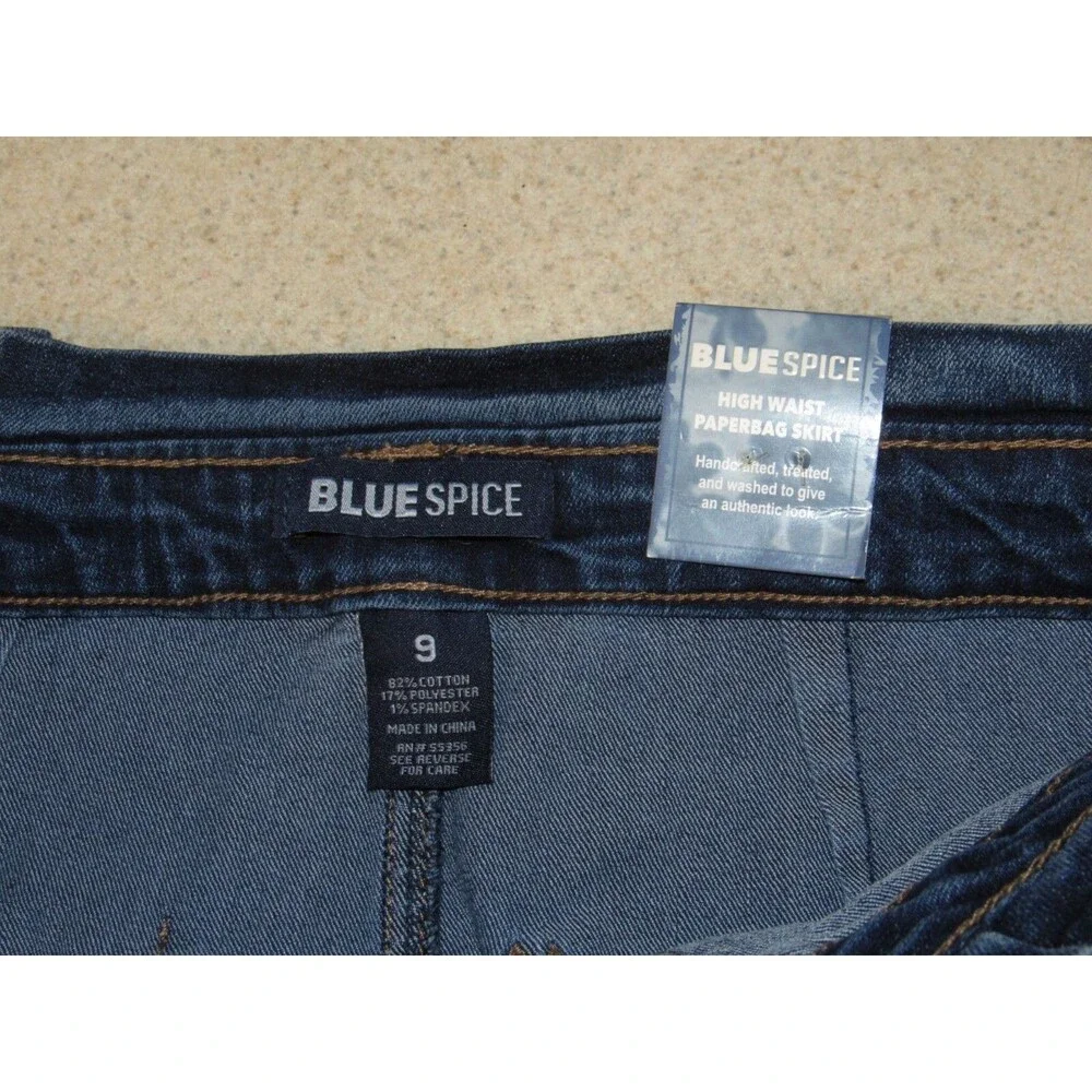 Juniors 9 Denim Mini Skirt Paper Bag High Waist Straight Blue Spice NWT Belted